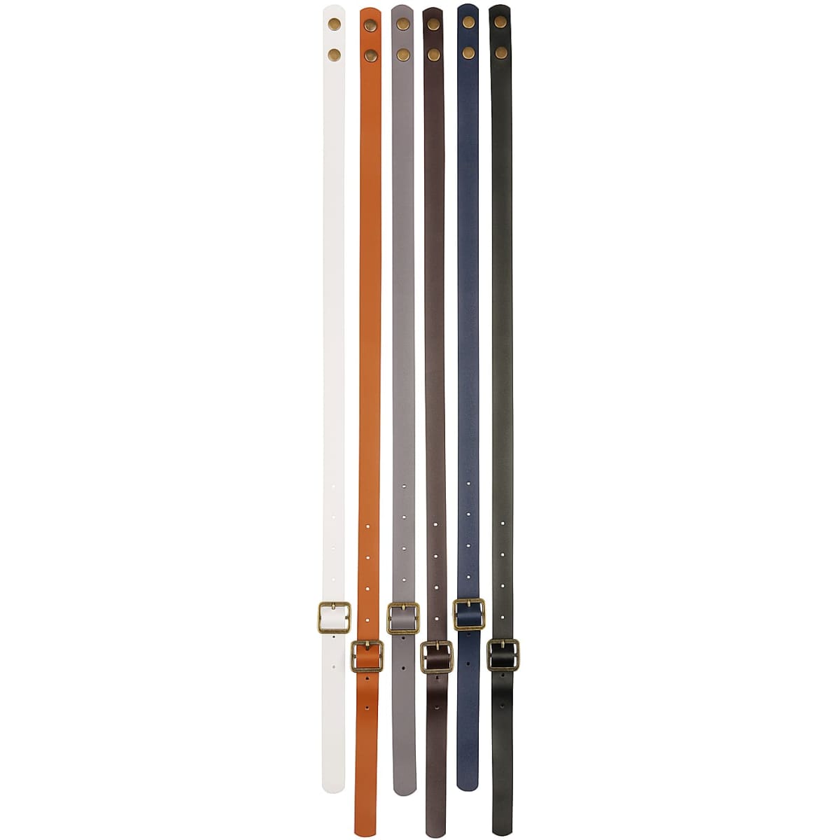 Detachable apron neck straps in various colours, including white, orange, navy, grey, dark green, and black. Each has a buckle.