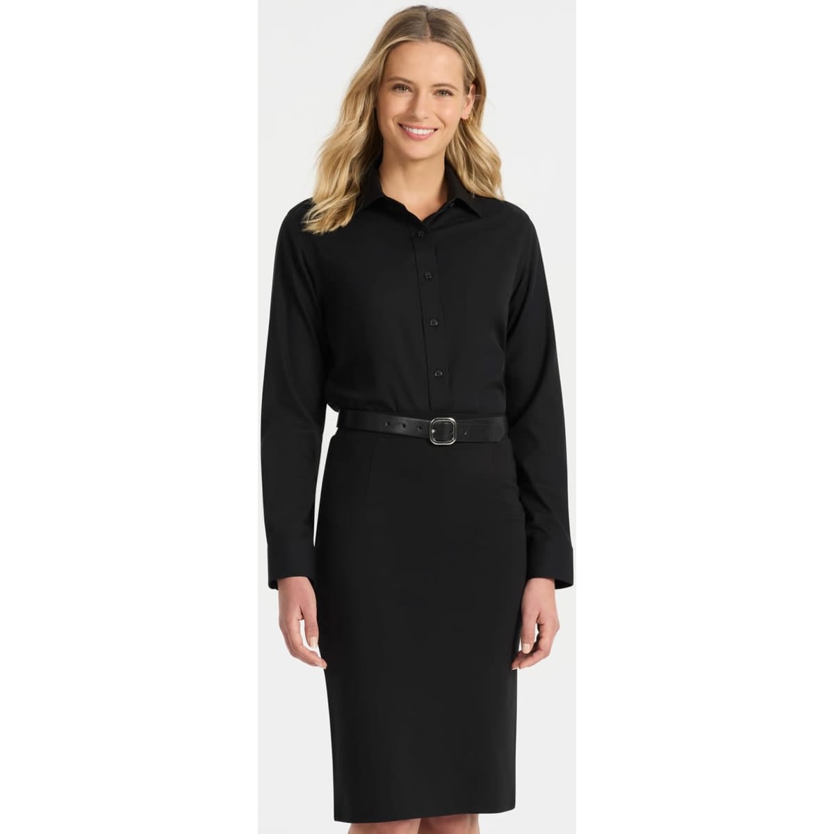 A black ladies long sleeve button-up shirt, worn with a black belt, featuring a classic collar and button closure.