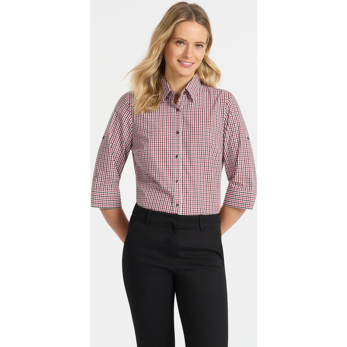 A ladies' 3/4 sleeve shirt in a red and white check pattern, featuring a button-up design and a logo.