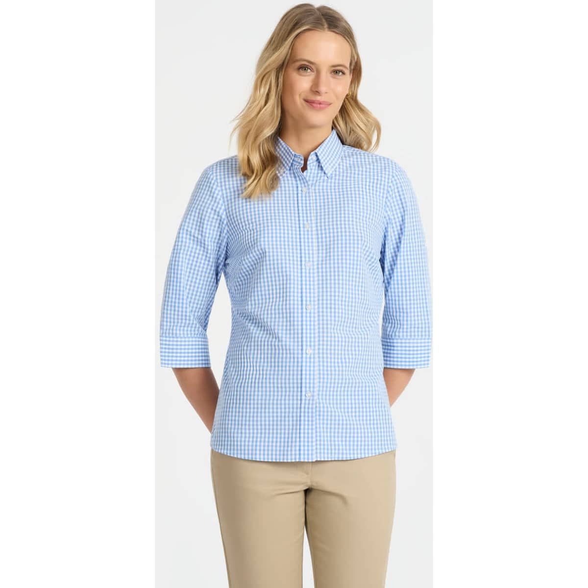 A blue and white checked ladies' 3/4 sleeve button-up shirt with a collar. Features a logo on the chest.