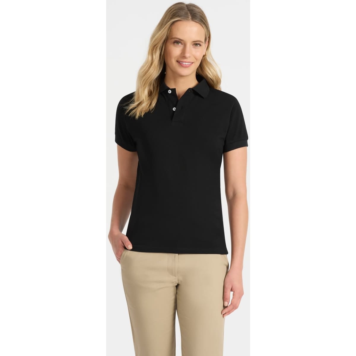 A black ladies' polo shirt featuring a classic collar and a logo. The model is wearing it with beige pants.