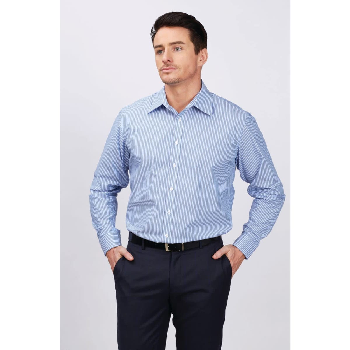 A men's long sleeve button-up shirt in blue and white stripes, featuring a collar and buttons, with a logo.