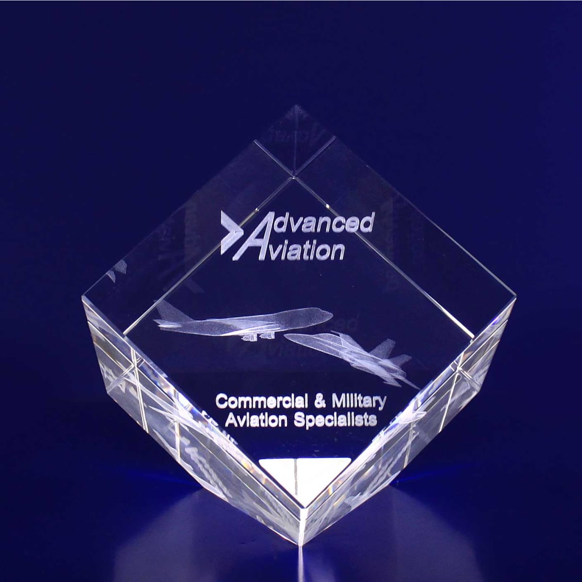A 3D crystal diamond, 80mm in size, featuring etched aircraft designs and a logo on a blue backdrop.