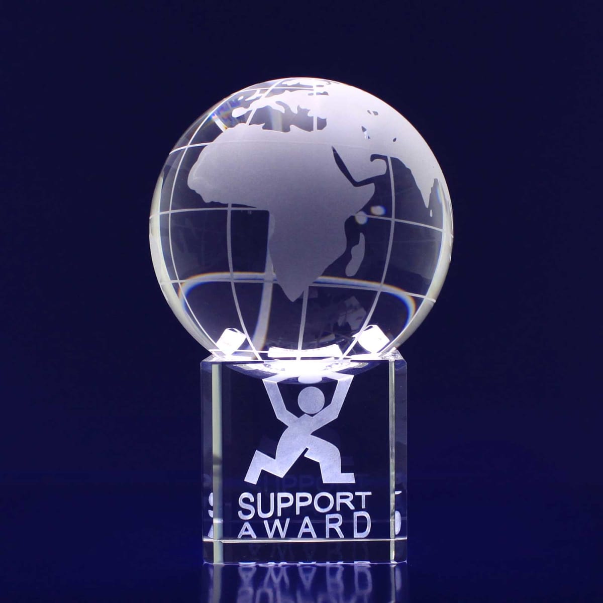 A 3D crystal spinning globe with a clear base, featuring a design of continents in shades of grey.