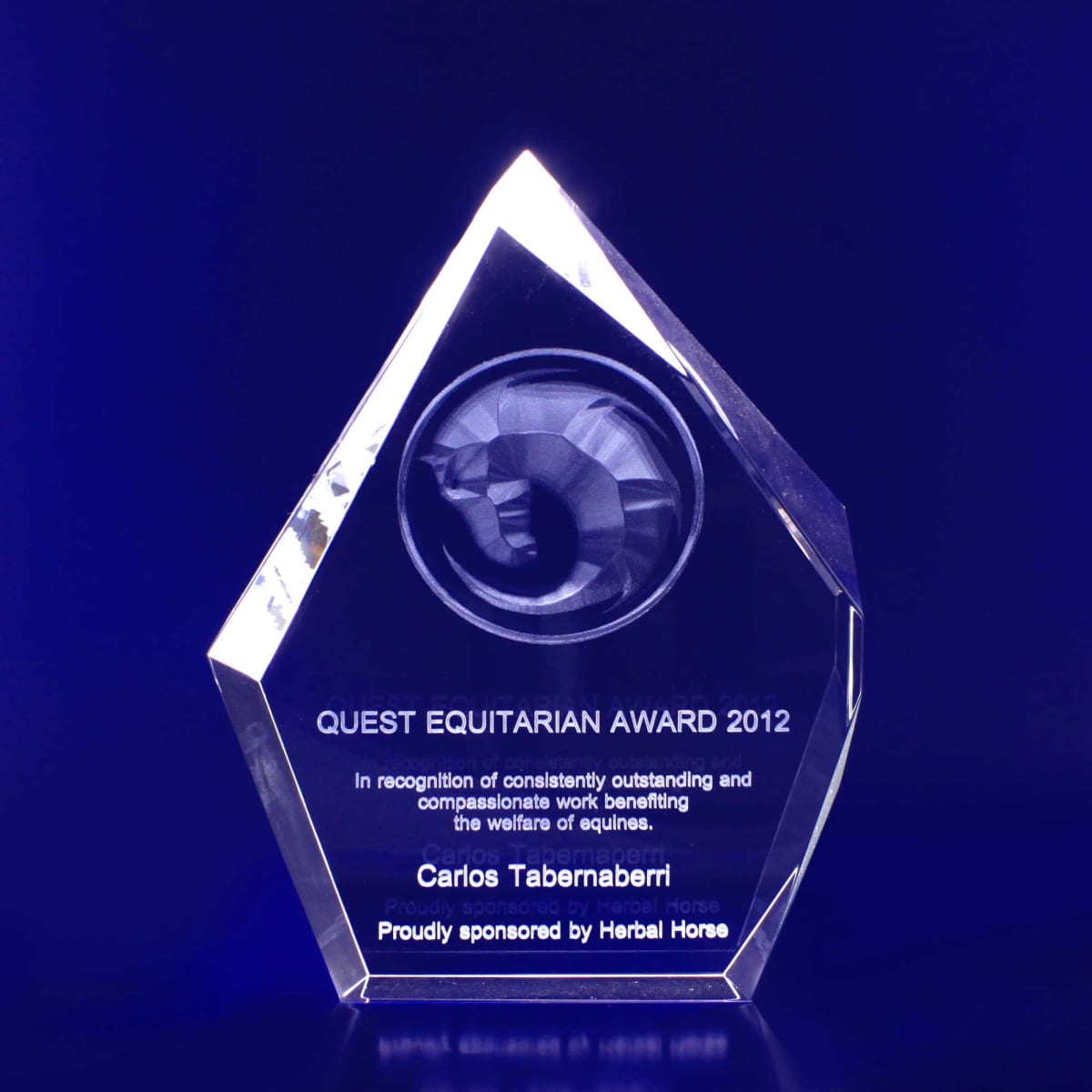 A clear crystal award with a lion emblem, featuring text recognising equestrian achievements.