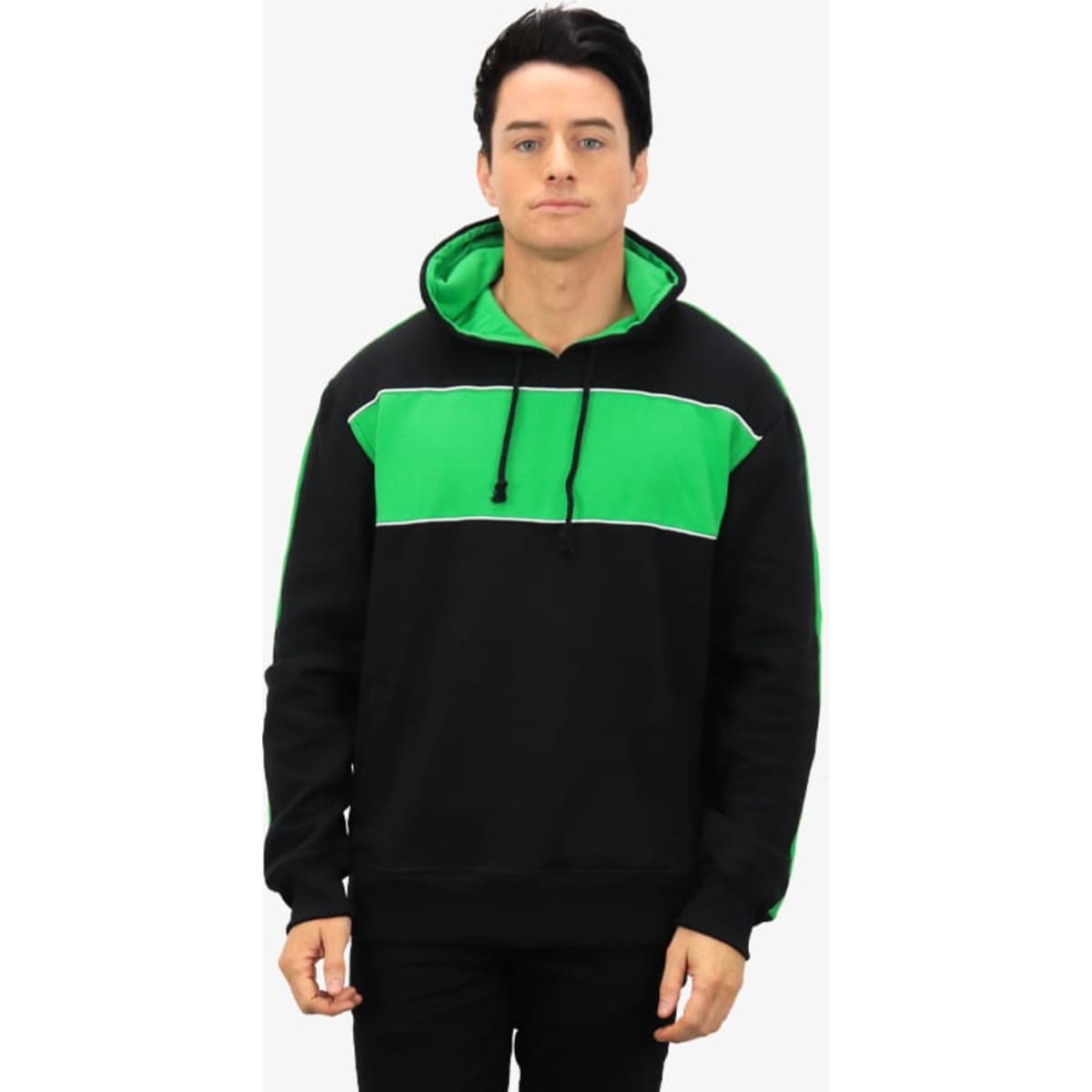 A hooded jumper featuring a black base with green accents and a logo on the front.