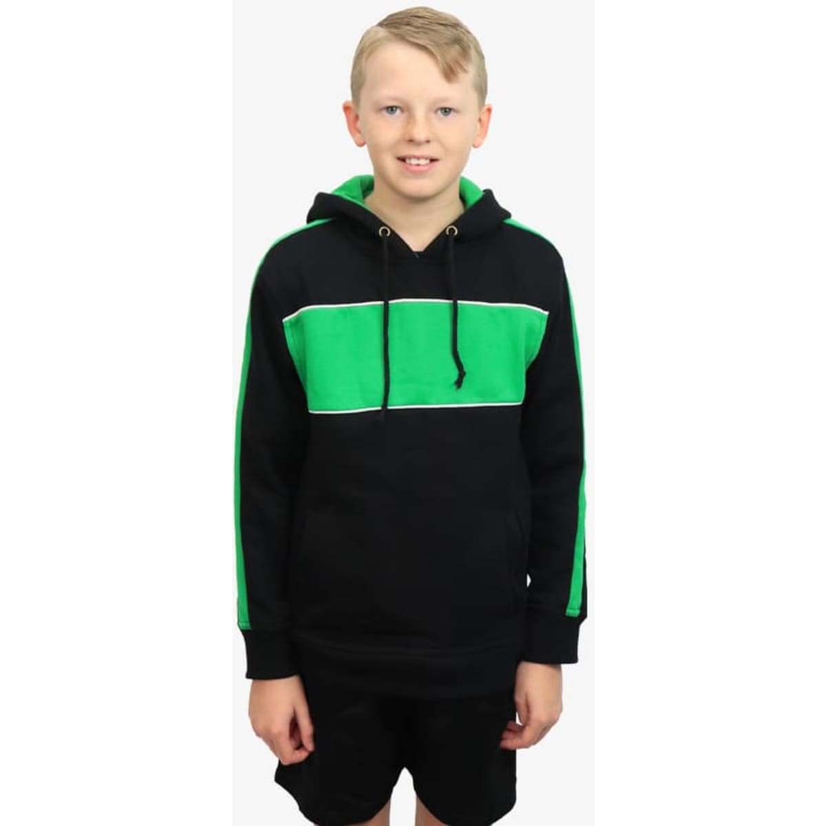 A black hoodie with green stripes across the chest and down the sleeves, featuring a hood and drawstring.