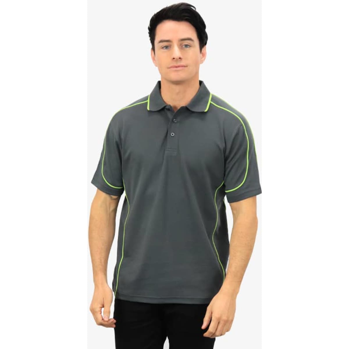 A polo shirt in dark grey with bright green piping, featuring a collar and short sleeves, and a logo on the chest.