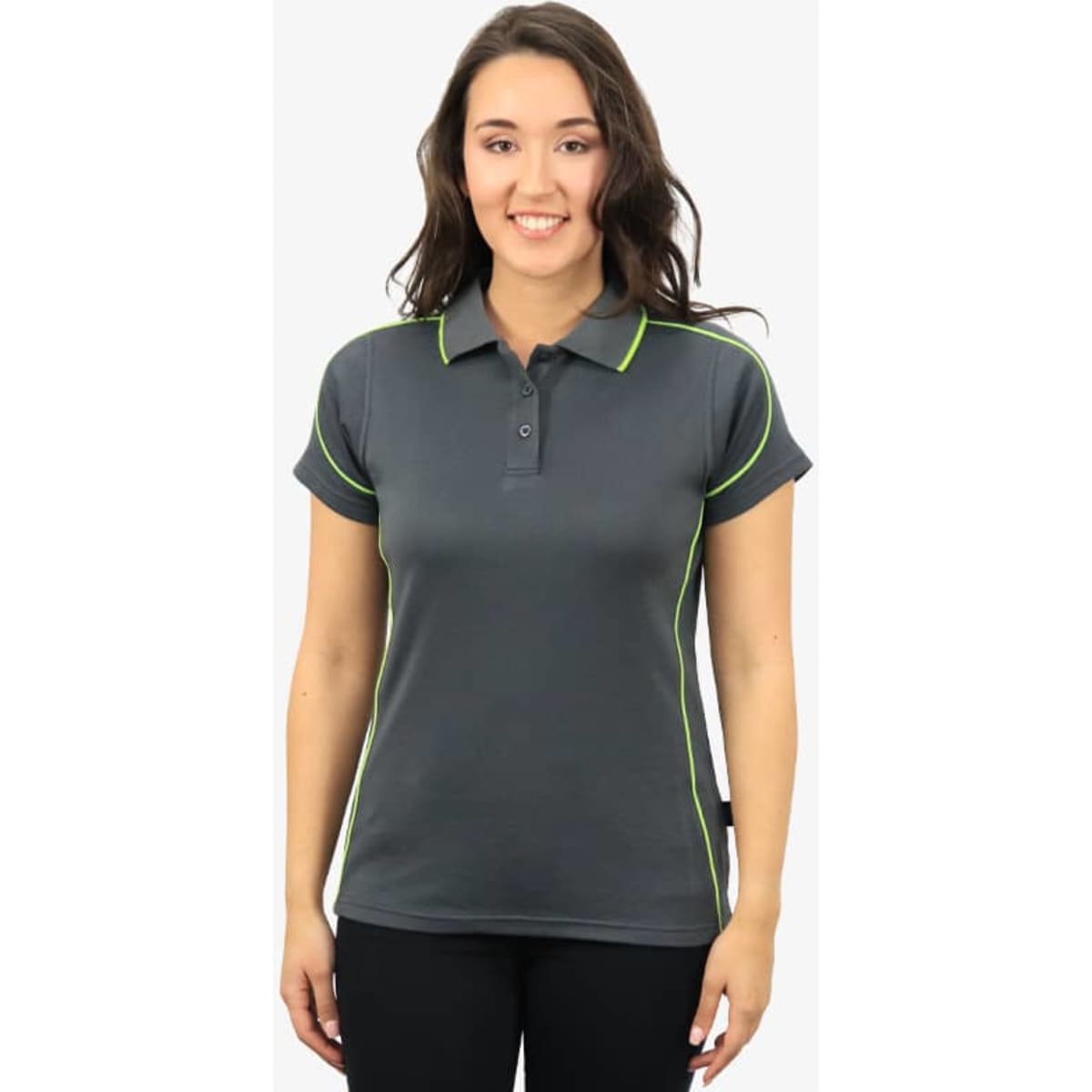 A grey polo shirt with green accents, featuring a collar and short sleeves. It has a logo on the chest.