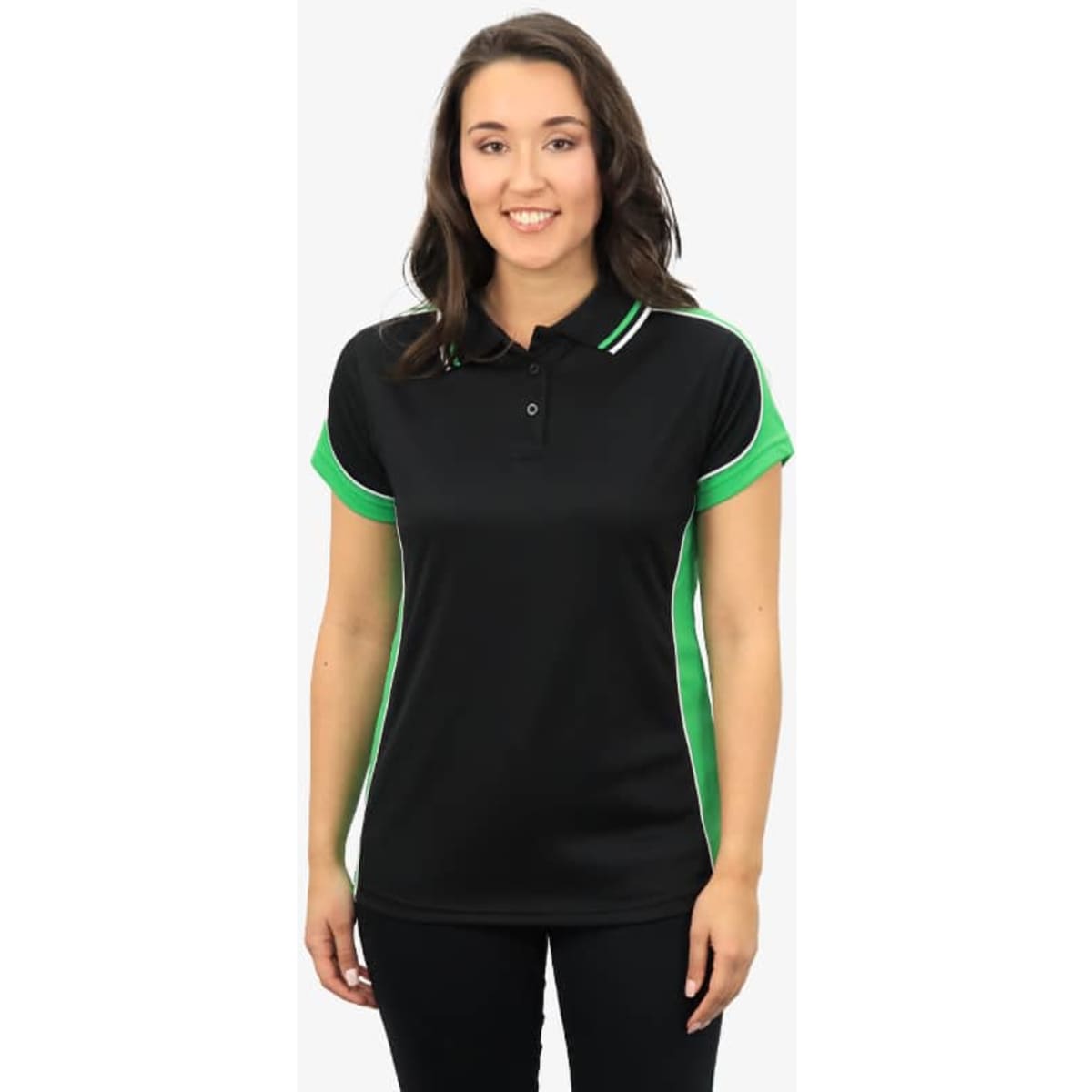 A black polo shirt with green accents, featuring short sleeves and a collar, worn by a smiling woman.
