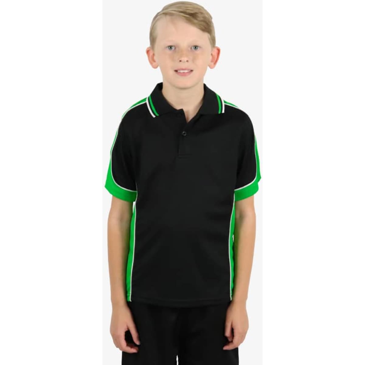 A black polo shirt with green accents, featuring short sleeves and a collar. It has a logo on the front.