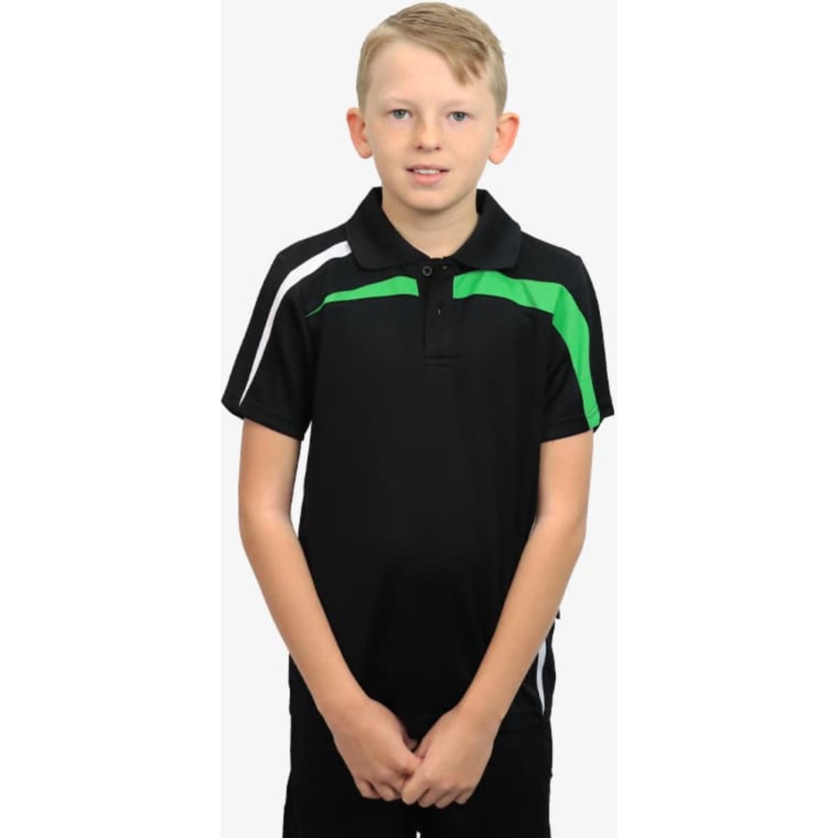 A black polo shirt with green and white accents, featuring a logo on the chest. Suitable for casual or sports wear.