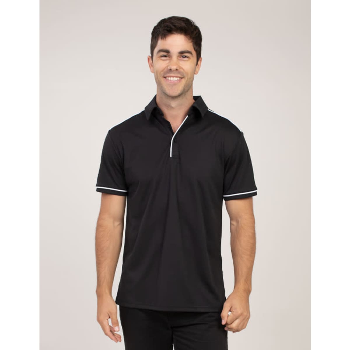 A black polo shirt with white detailing, featuring a collar and short sleeves. It has a logo on the chest.