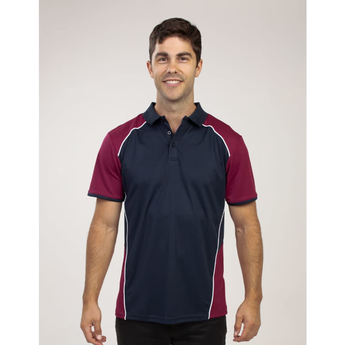 A navy and maroon polo shirt with white detailing, featuring a collar and a logo.