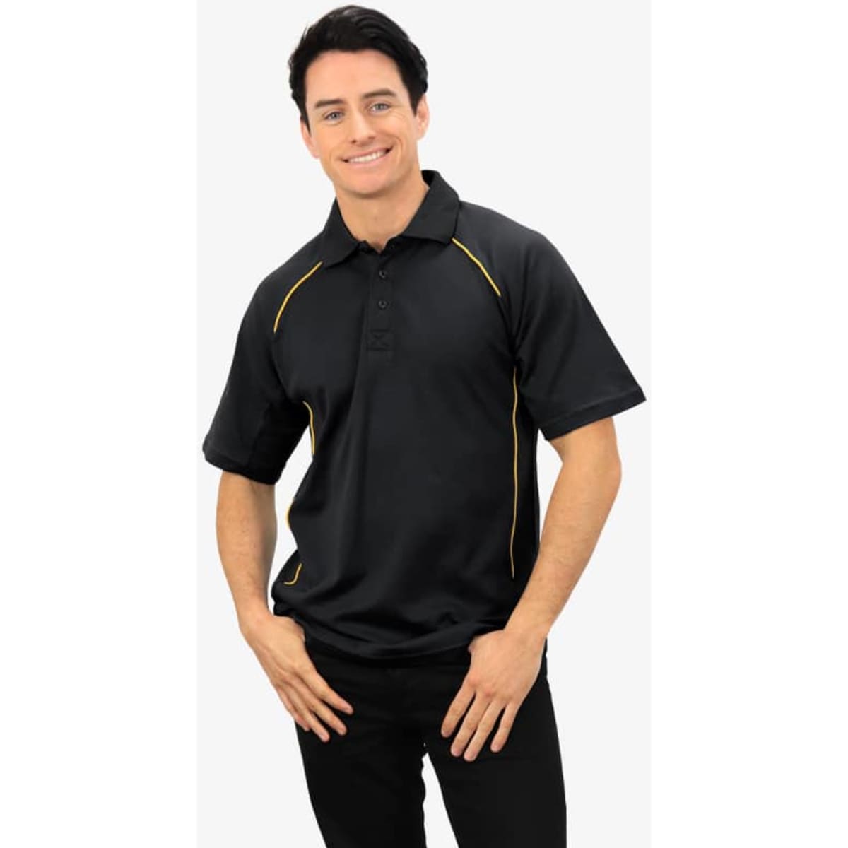 A black polo shirt with yellow accents, displayed on a model smiling. The shirt features a logo.