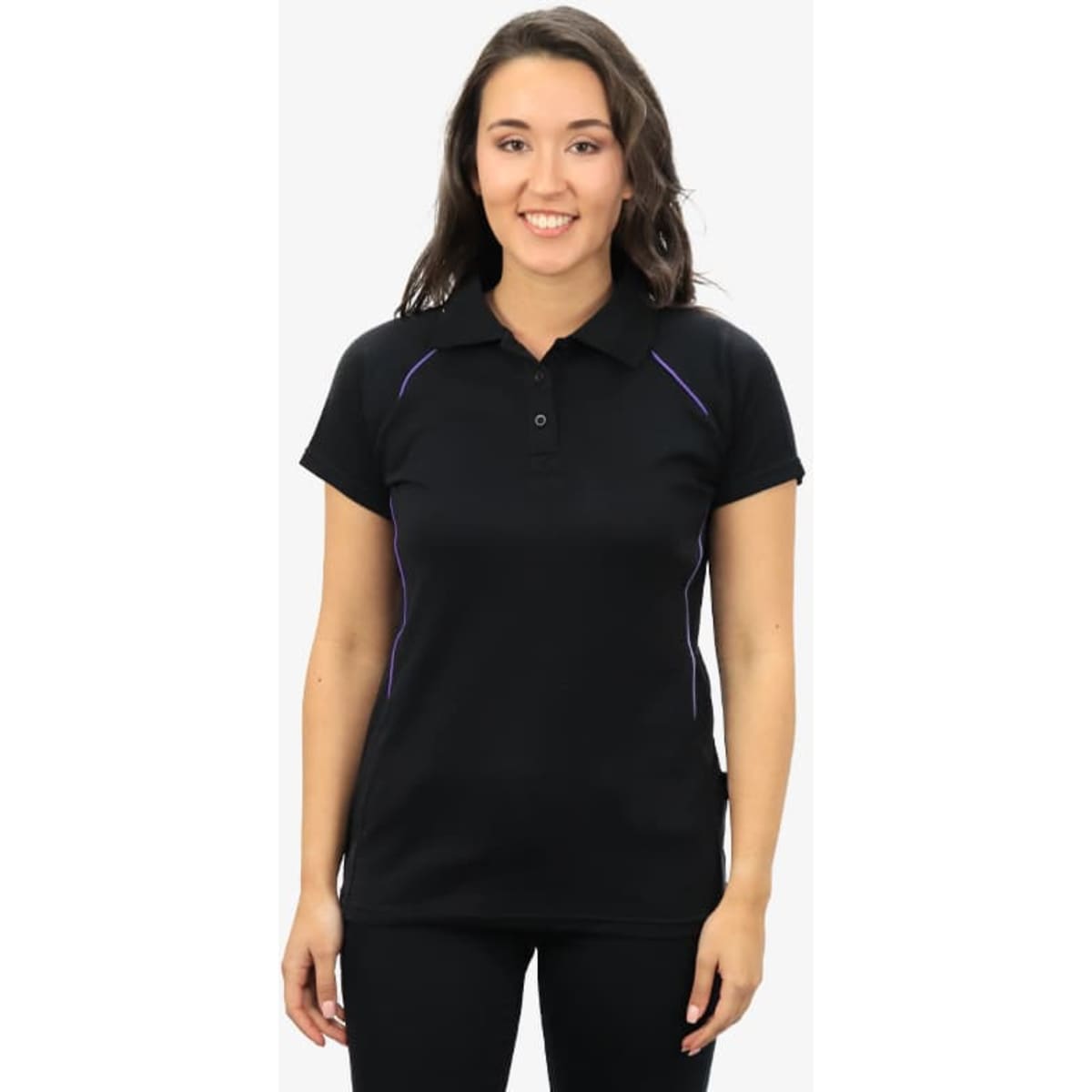 A black polo shirt with purple detailing, featuring a collar and short sleeves, worn by a smiling woman.