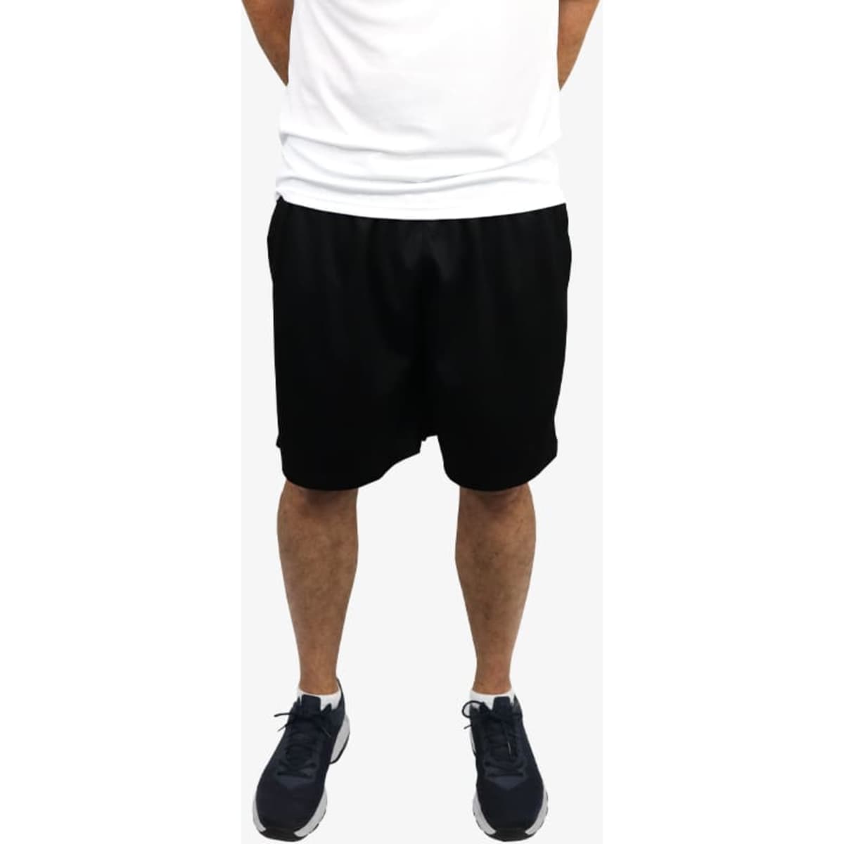 Black sports shorts featuring an elastic waistband and a branded logo. Suitable for athletic activities.