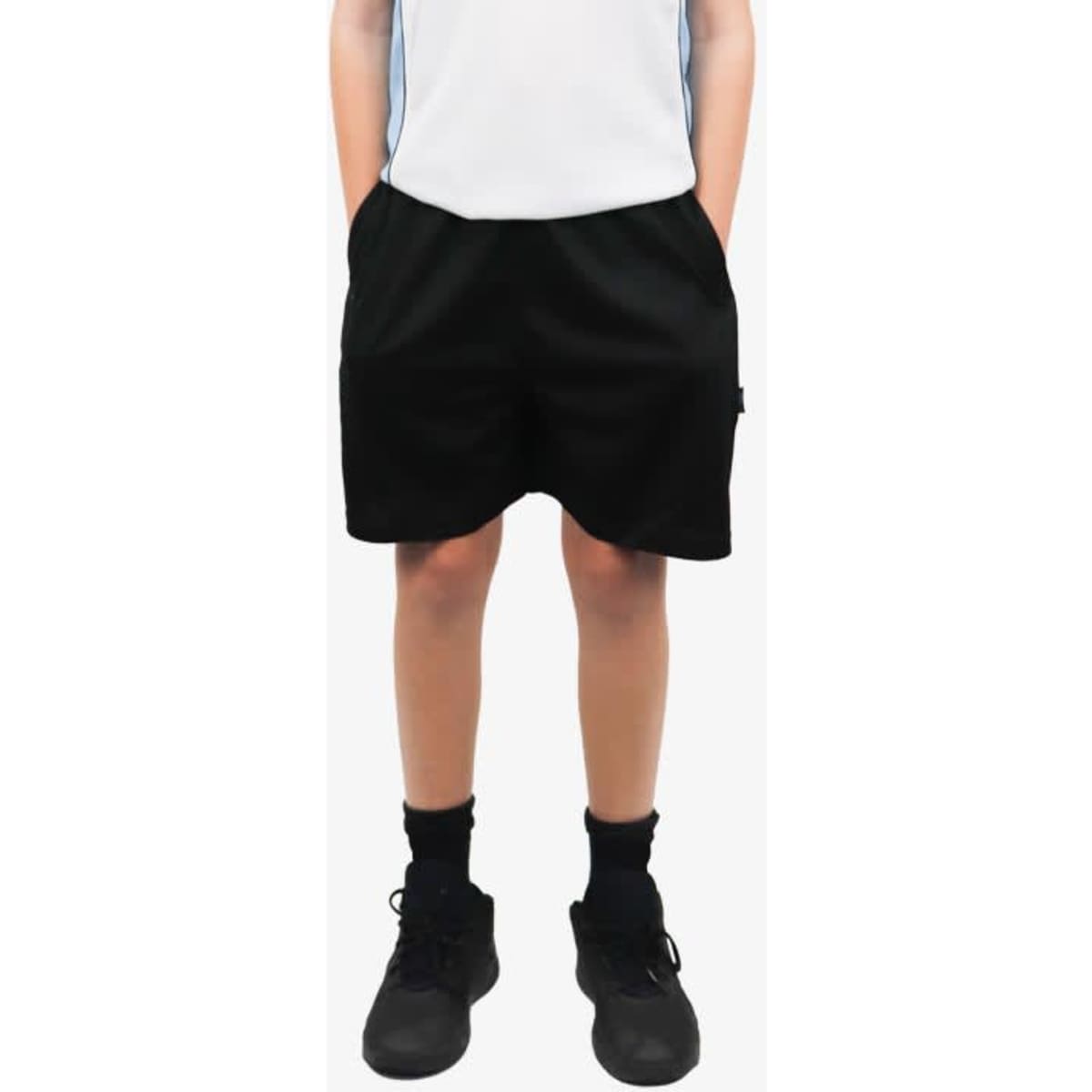 Black sports shorts with pockets, showcased on a model wearing a light top and black footwear. The product has a logo.