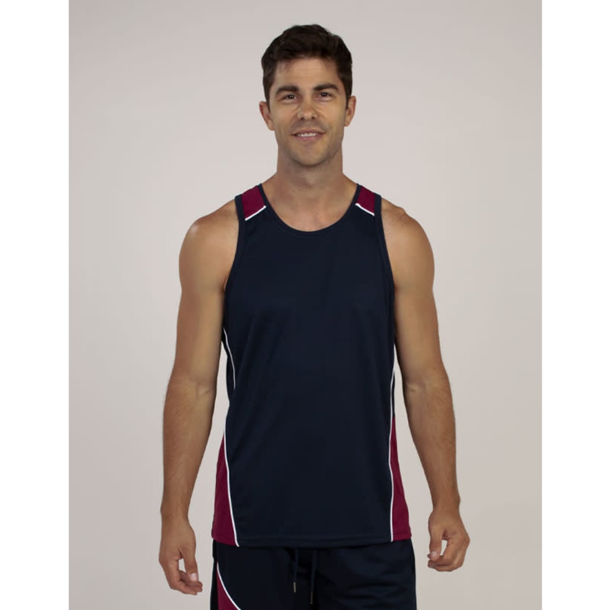 A navy and maroon singlet tank top for men featuring contrasting white trim and a logo.