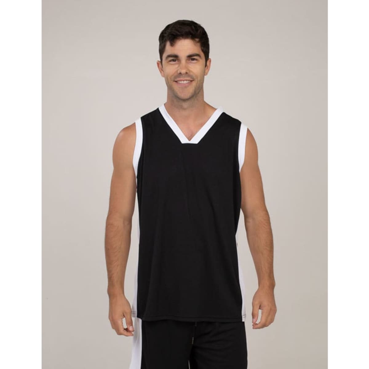A black singlet with white accents, featuring a V-neck design and a logo. Worn by a smiling model.
