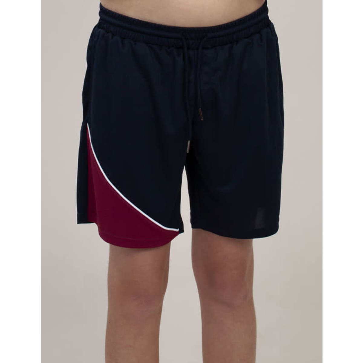 Sports shorts in navy blue with a maroon and white accent. Features an elastic waistband and a drawstring.