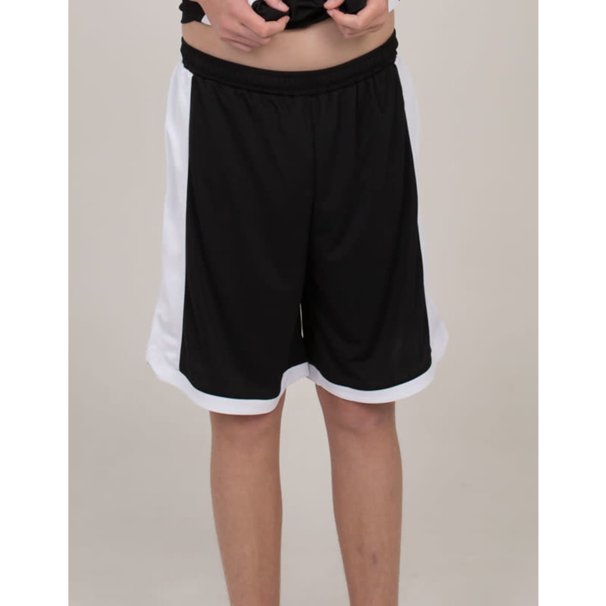 Black sports shorts with white side stripes and an elastic waistband. The shorts feature a logo on the front.