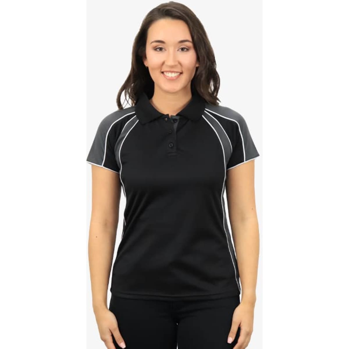 A black polo shirt with grey sleeves and white piping details, featuring a logo on the front.
