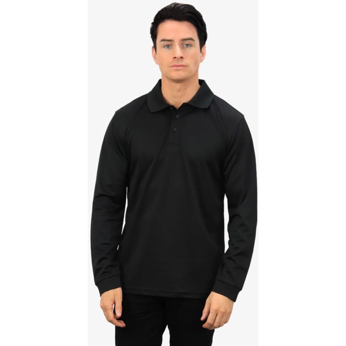A black long-sleeve polo shirt displayed on a model, featuring a collar and a front button placket.