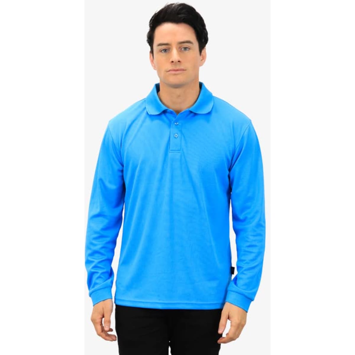 A long-sleeve polo shirt in bright blue with a collar and a logo on the chest.