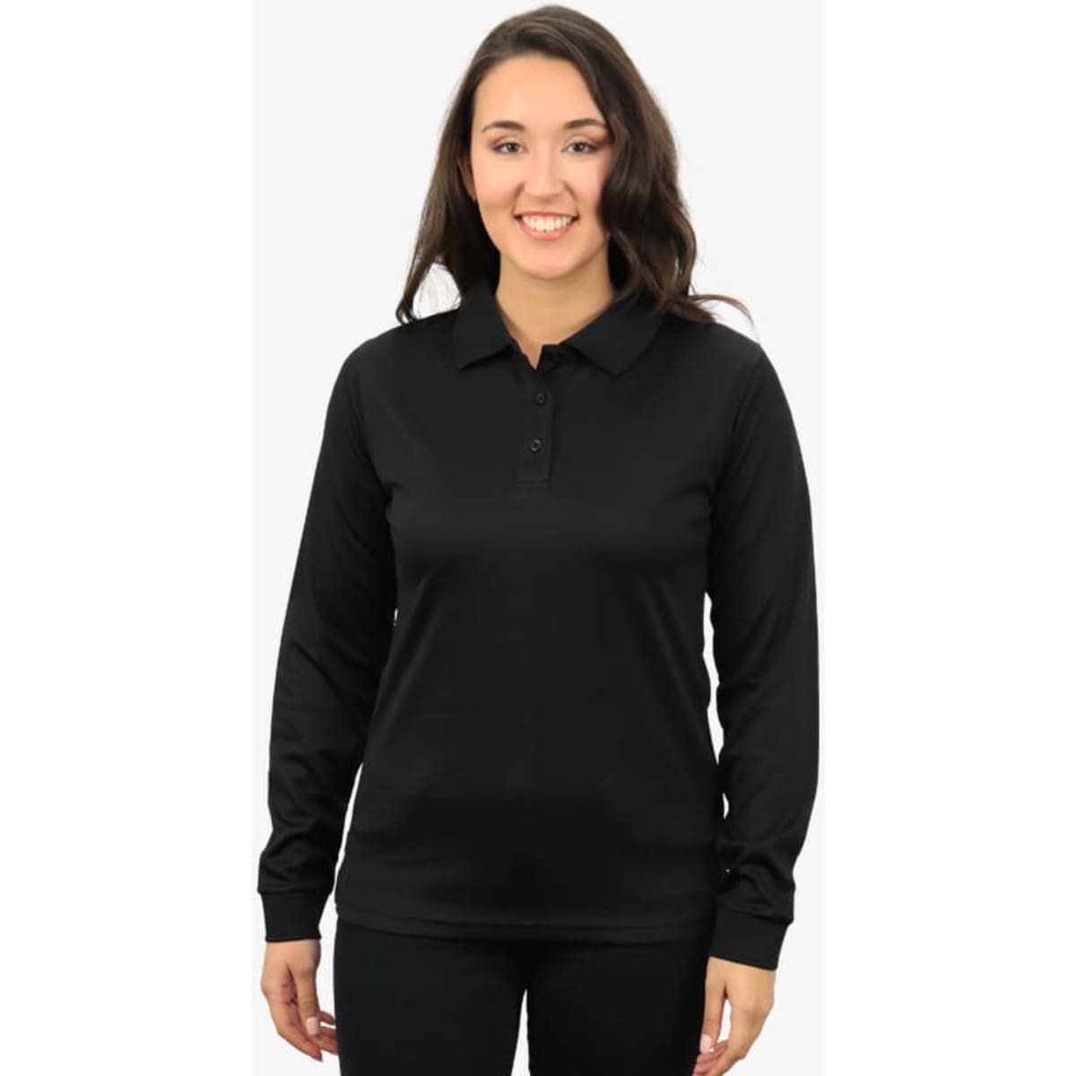 A long-sleeve black polo shirt is featured, worn by a smiling model. The shirt has a collar and a logo.