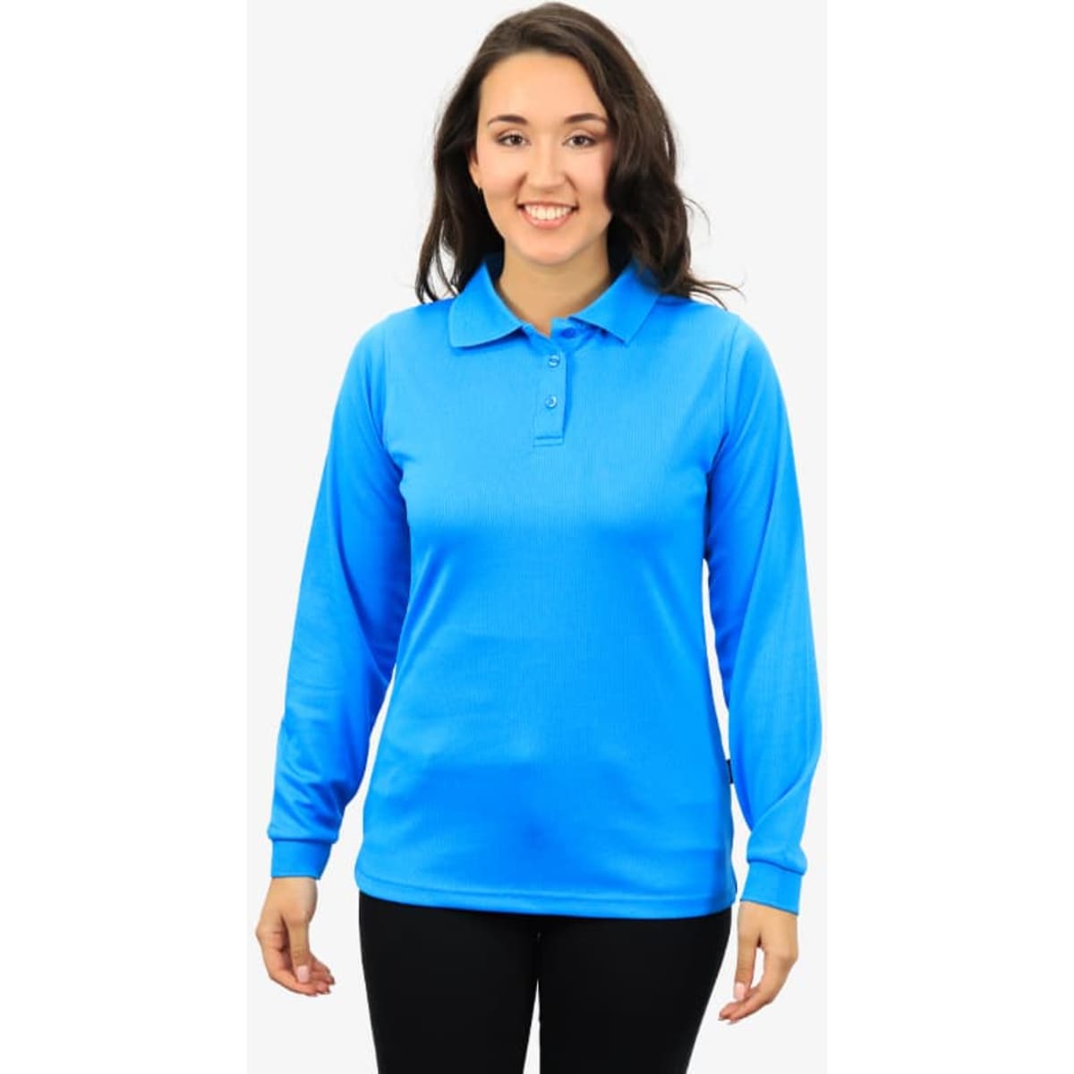 A long-sleeved polo shirt in vibrant blue, featuring a collar and three-button placket. It has a logo on the chest.