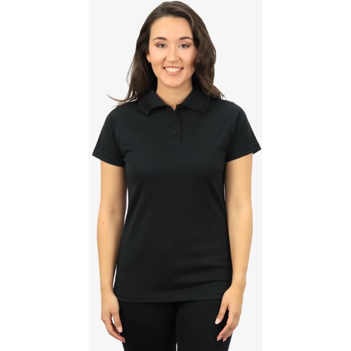 A black polo shirt displayed on a model, featuring a collar and three buttons, with a subtle logo.