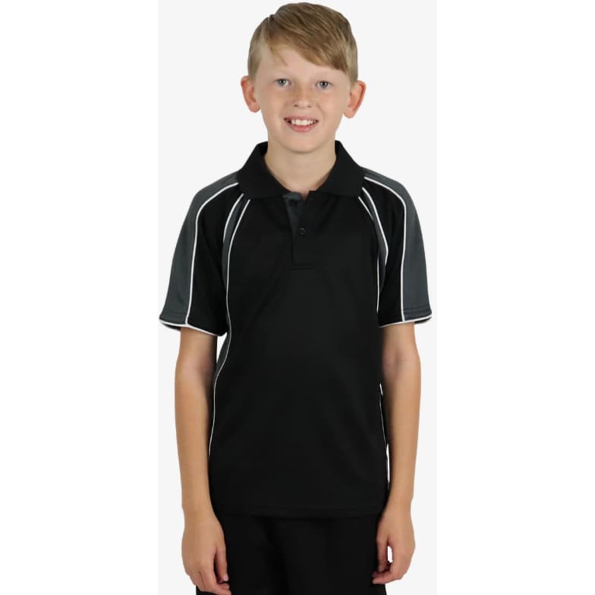 A black polo shirt featuring grey shoulder panels and white piping, with a logo on the chest.