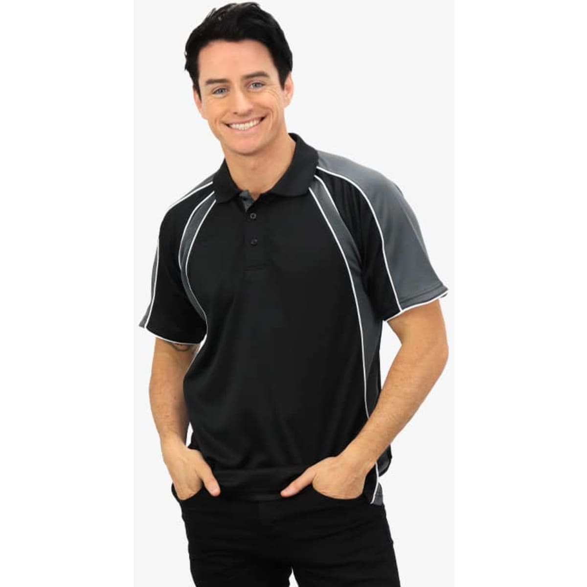 A black polo shirt with grey accents and white piping, designed for a sporty look. Features a collar and buttons.
