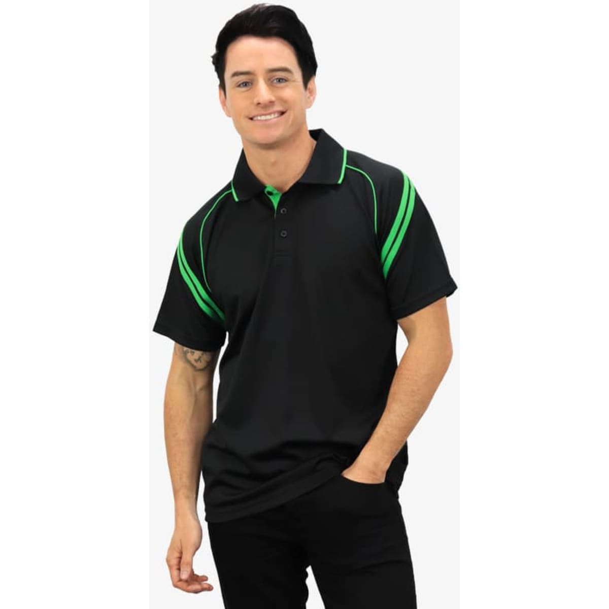 A black polo shirt featuring green accents, designed with a collar and buttons, displayed on a male model.