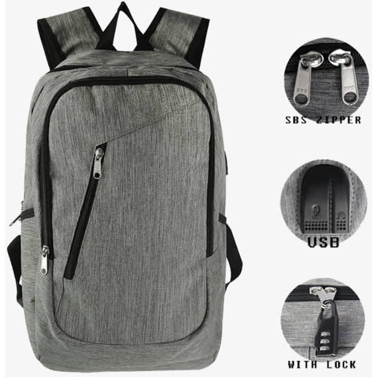 A grey backpack featuring multiple zippered compartments, adjustable straps, and a USB port with a locking zipper.