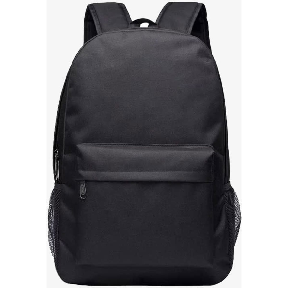 A black backpack featuring adjustable straps, a front pocket, and mesh side pockets. It has a simple, minimalistic design.