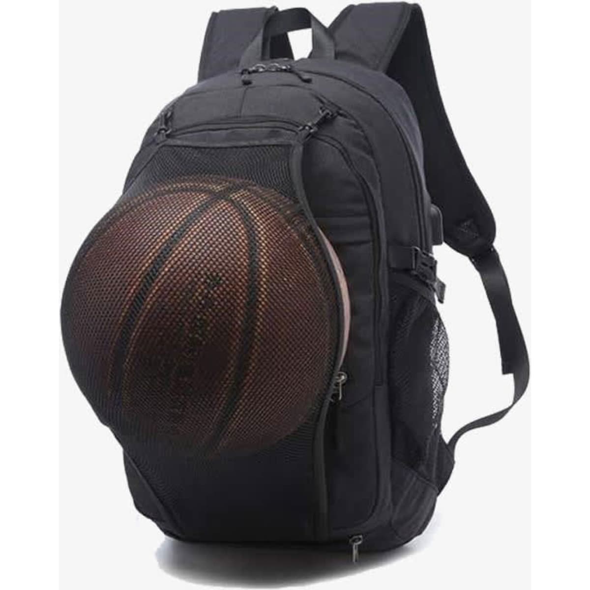 A black backpack with a mesh compartment designed to hold a basketball. It features two shoulder straps.