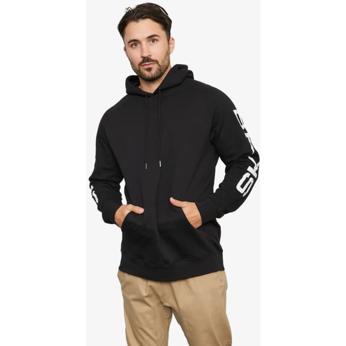A black hoodie with a front pocket, featuring a logo and text design on the sleeves.