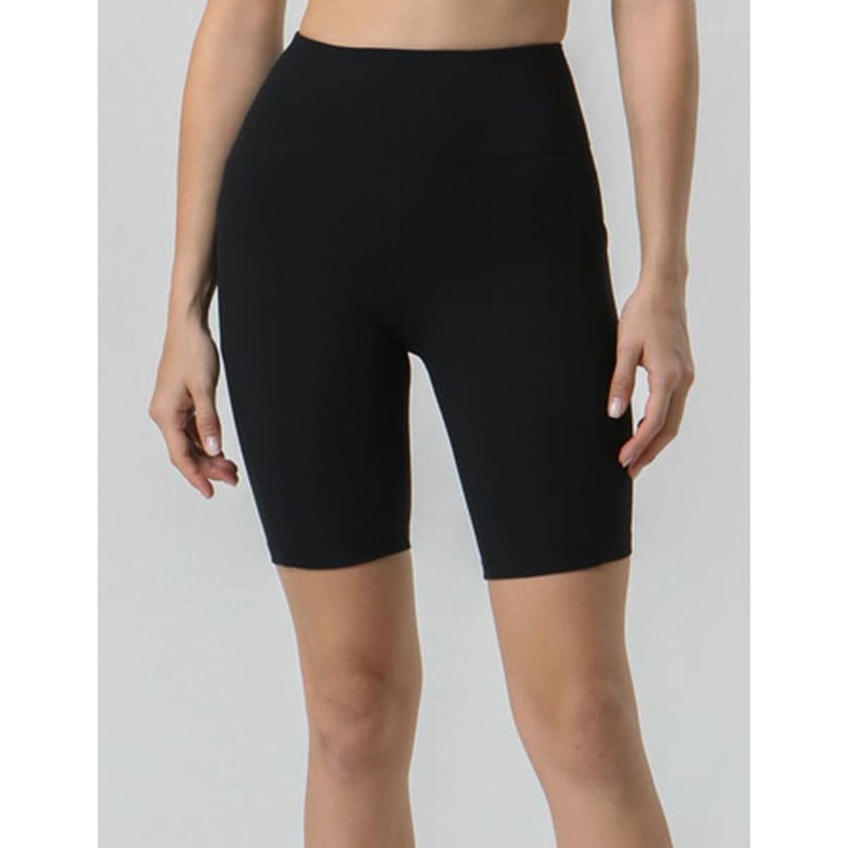 Black ladies' legging shorts with a high waistband, featuring a simple design and no visible logos.
