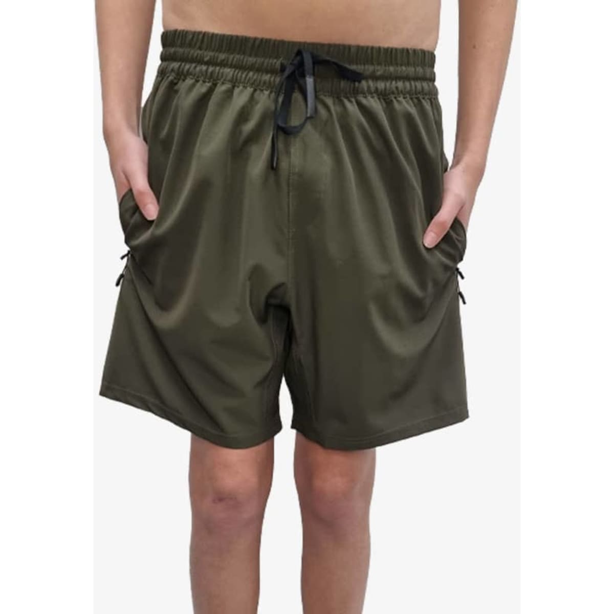 Sports shorts in dark olive green with pockets and an elastic waistband, featuring a drawstring for adjustment.