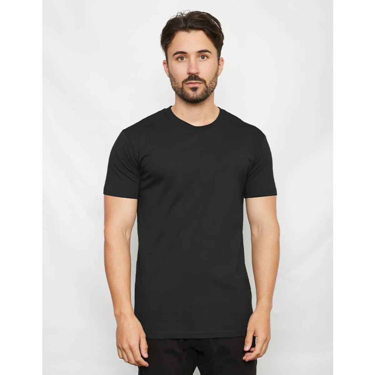 A black T-shirt with a crew neck and a fitted style, featuring a branding logo.
