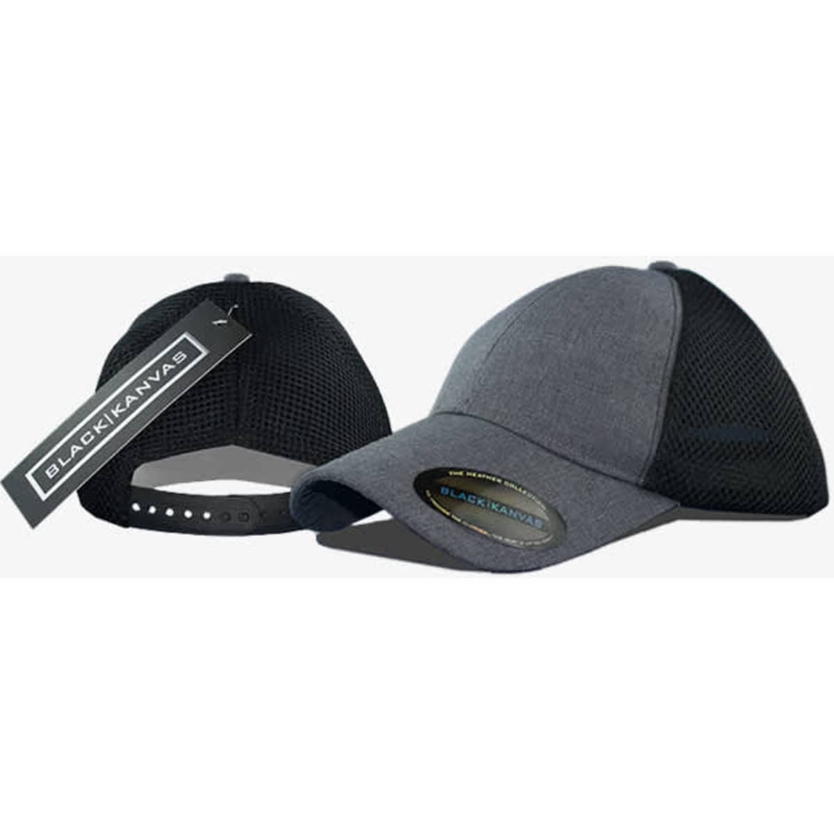 A cap featuring a grey front and black mesh back, with an adjustable strap and a logo.