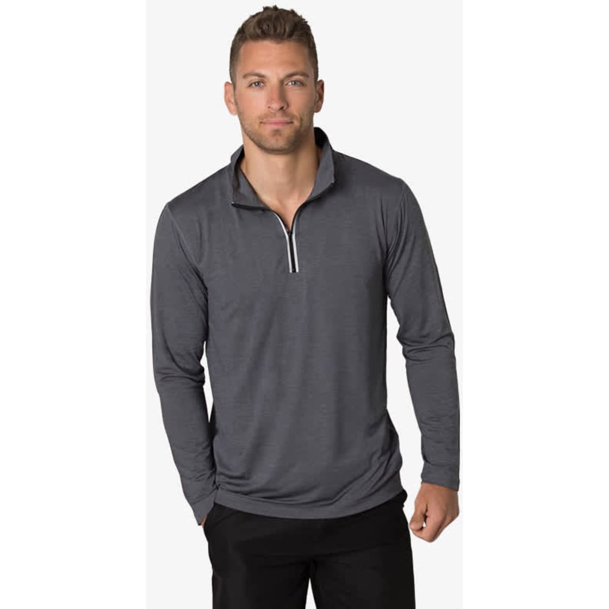 A grey long-sleeve t-shirt with a quarter zip and a small logo on the chest.