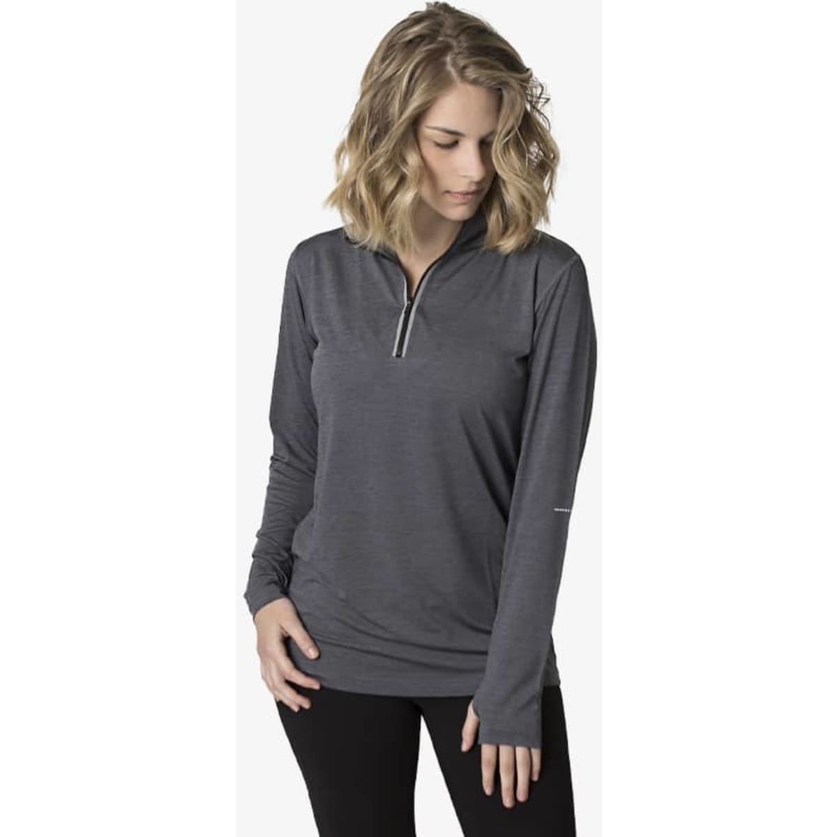 A grey long-sleeve shirt with a half-zip collar and a logo on the sleeve.
