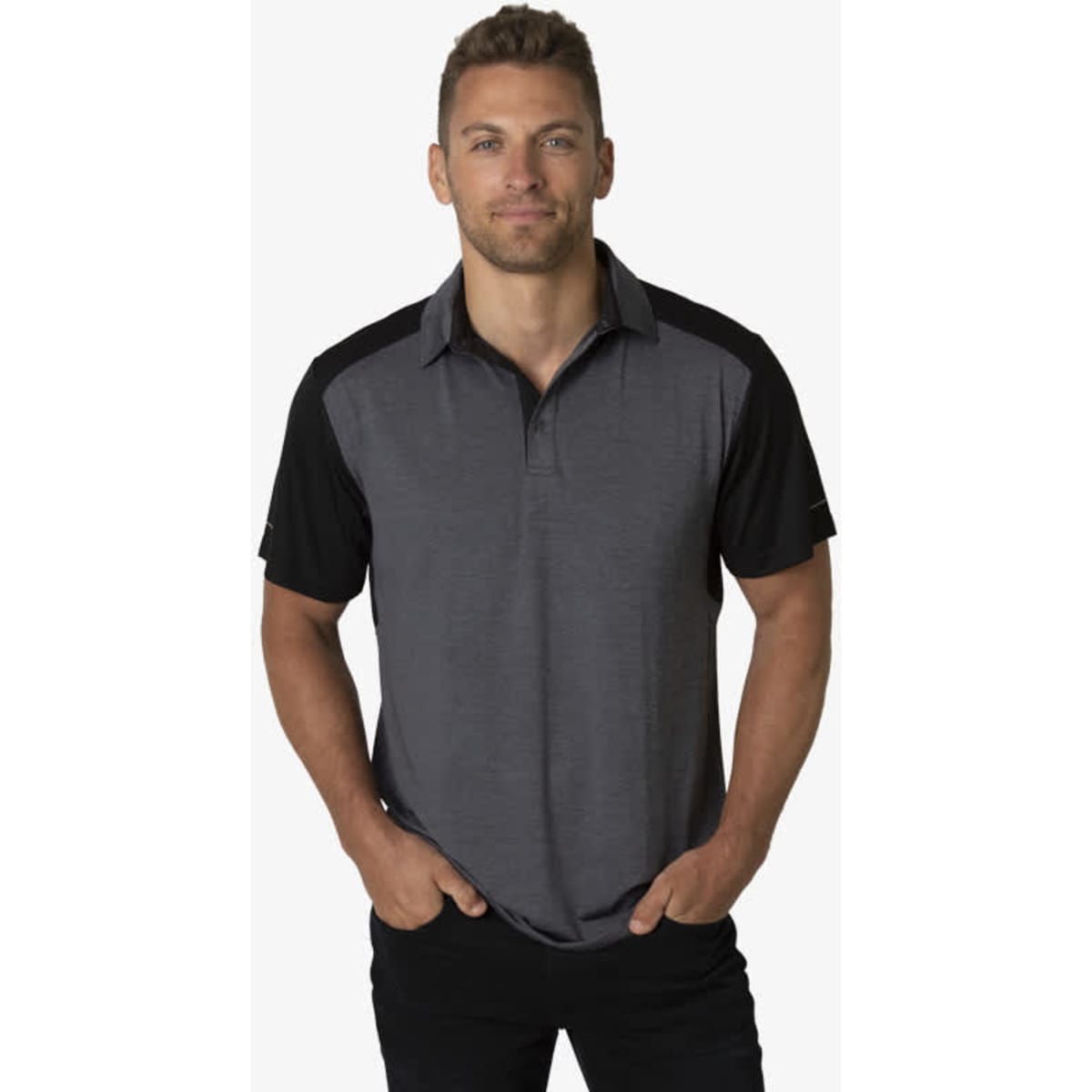 A polo shirt in grey with black sleeves, featuring a logo on the chest.