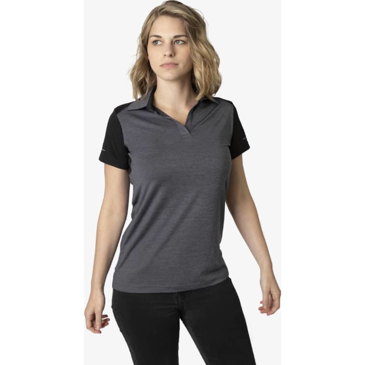 A grey and black polo shirt featuring a collar and short sleeves, with a logo on the sleeve.