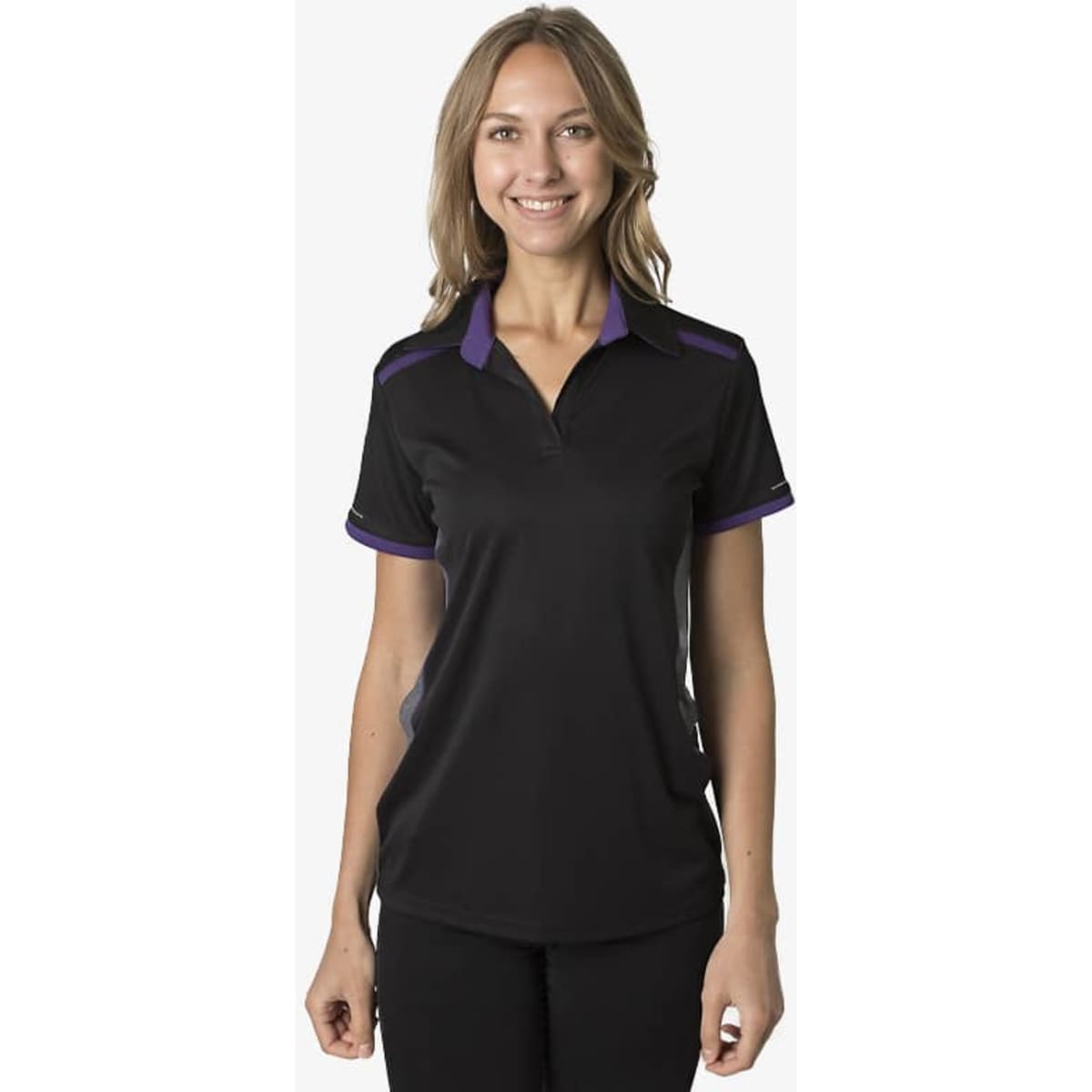 A black polo shirt with purple detailing, featuring a logo, designed for women's wear.