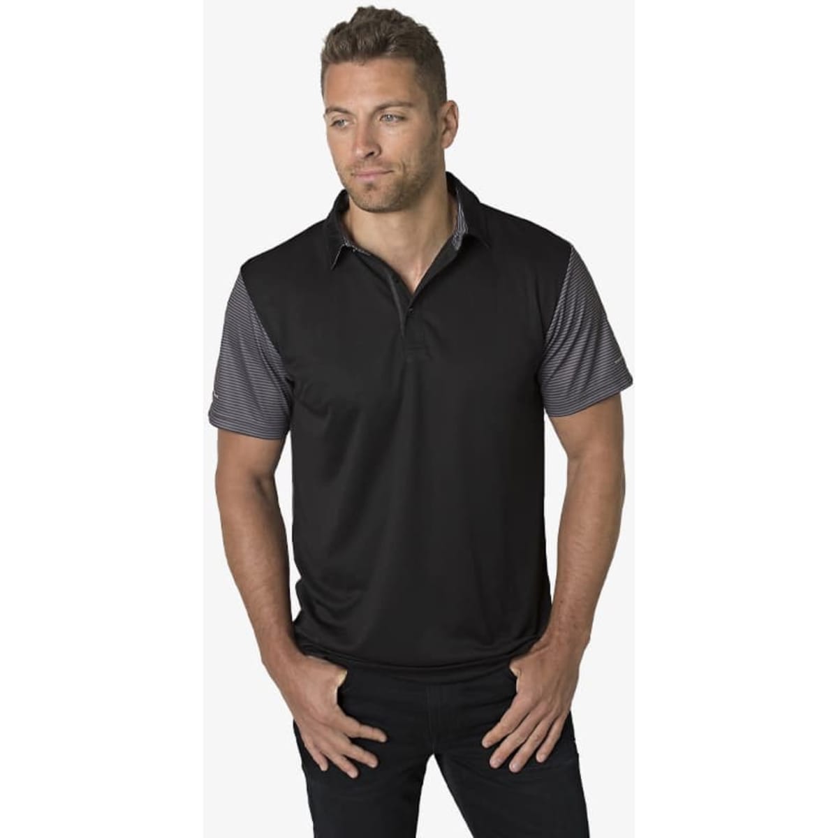 A black polo shirt with patterned sleeves and a collar, featuring a logo on the chest.