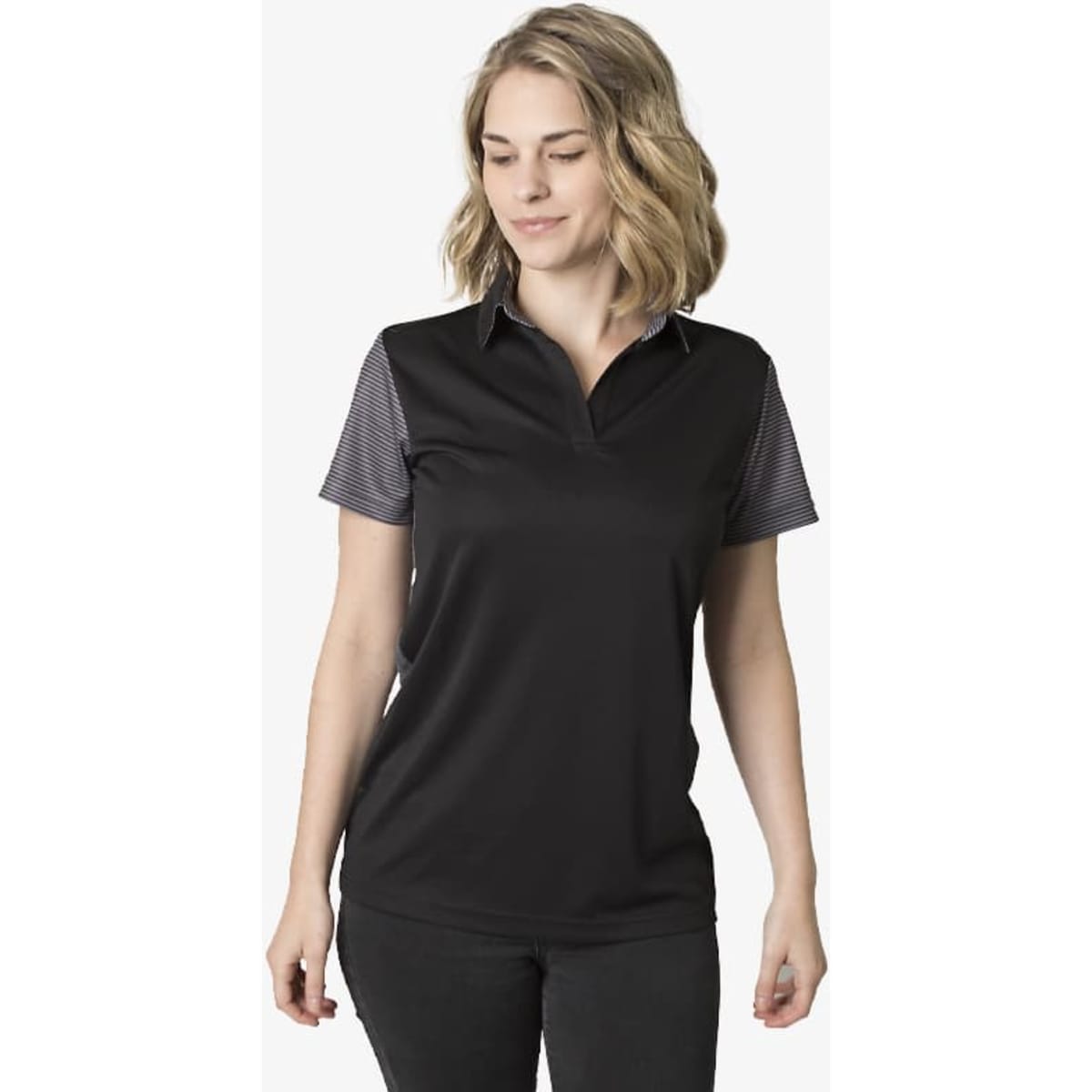A black polo shirt with striped black and white sleeves, featuring a collar and a logo.